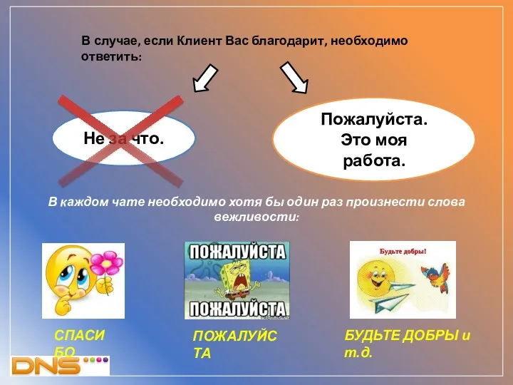 В случае, если Клиент Вас благодарит, необходимо ответить: Не за