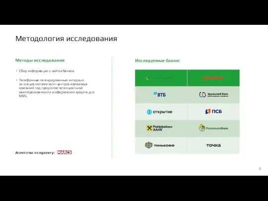 Методология исследования Исследуемые банки: Агентство по проекту: Методы исследования Сбор