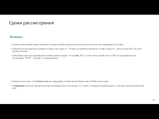 Сроки рассмотрения Выводы Быстрее всех рассматриваются заявки по беззалоговым кредитам