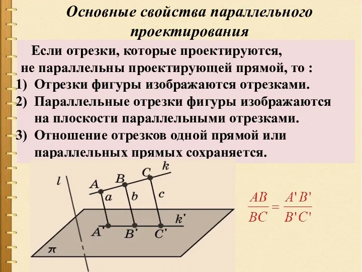 Основные свойства параллельного проектирования Если отрезки, которые проектируются, не параллельны проектирующей прямой, то