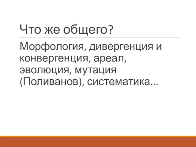 Что же общего? Морфология, дивергенция и конвергенция, ареал, эволюция, мутация (Поливанов), систематика...