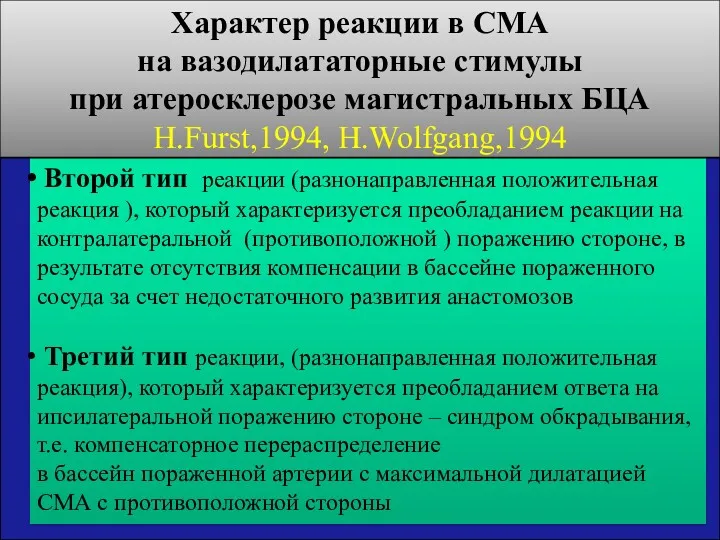 Характер реакции в СМА на вазодилататорные стимулы при атеросклерозе магистральных