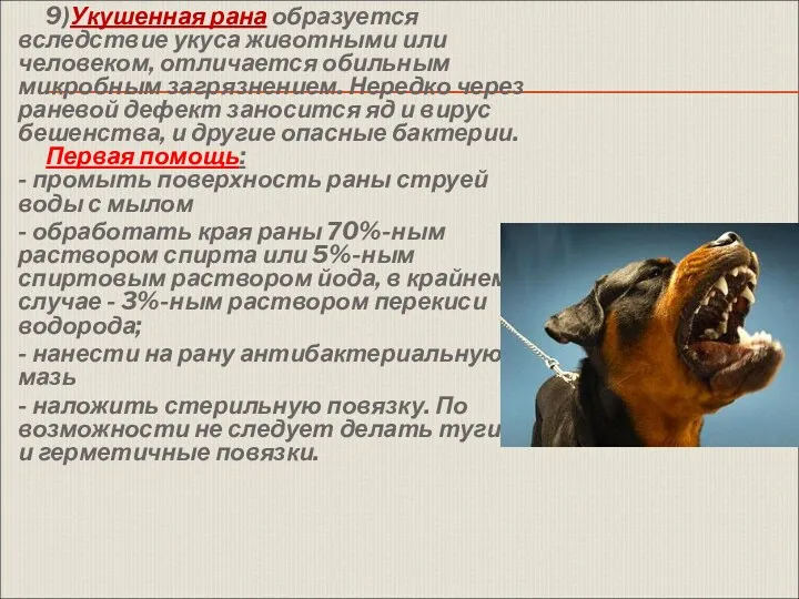 9)Укушенная рана образуется вследствие укуса животными или человеком, отличается обильным