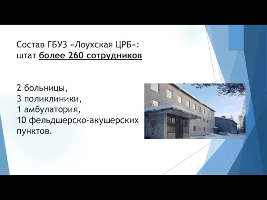 Состав ГБУЗ «Лоухская ЦРБ»: штат более 260 сотрудников 2 больницы,