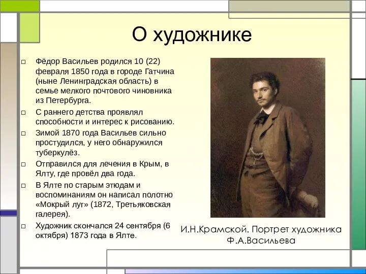 О художнике Фёдор Васильев родился 10 (22) февраля 1850 года