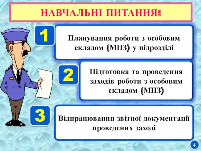 НАВЧАЛЬНІ ПИТАННЯ: 1 2 Відпрацювання звітної документації проведених заході 3 4