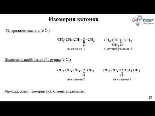 Изомерия кетонов Углеродного скелета (c C5) Положения карбонильной группы (c C5) Межклассовая изомерия аналогична альдегидам