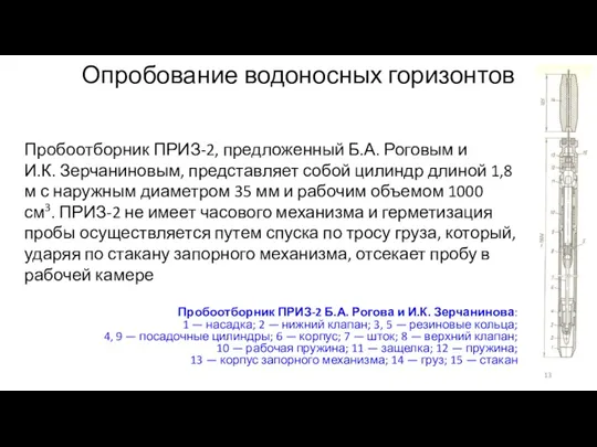 Опробование водоносных горизонтов Пробоотборник ПРИЗ-2, предложенный Б.А. Роговым и И.К. Зерчаниновым, представляет собой