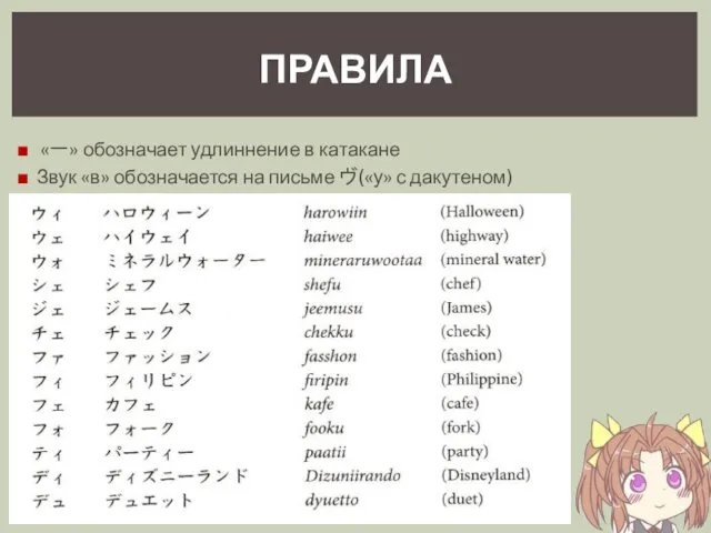 «一» обозначает удлиннение в катакане Звук «в» обозначается на письме ヴ(«у» с дакутеном) ПРАВИЛА