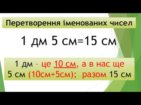 Перетворення іменованих чисел 1 дм 5 см=15 см 1 дм