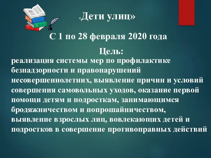 «Дети улиц» С 1 по 28 февраля 2020 года Цель: