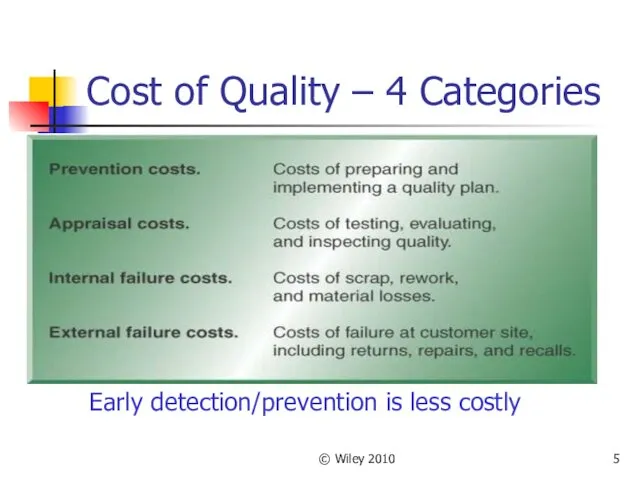 © Wiley 2010 Cost of Quality – 4 Categories Early detection/prevention is less costly