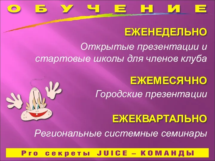 ЕЖЕНЕДЕЛЬНО Открытые презентации и стартовые школы для членов клуба ЕЖЕМЕСЯЧНО Городские презентации ЕЖЕКВАРТАЛЬНО Региональные системные семинары