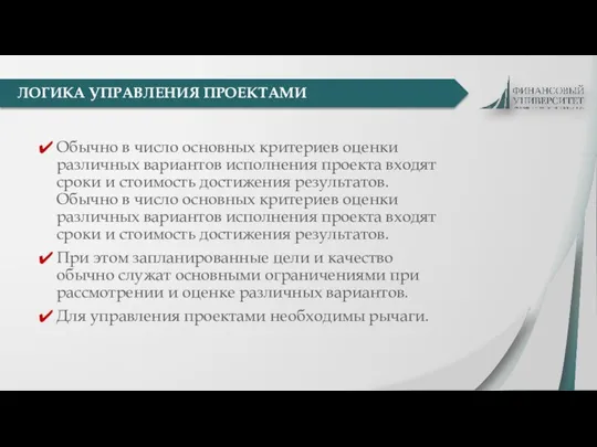 Обычно в число основных критериев оценки различных вариантов исполнения проекта