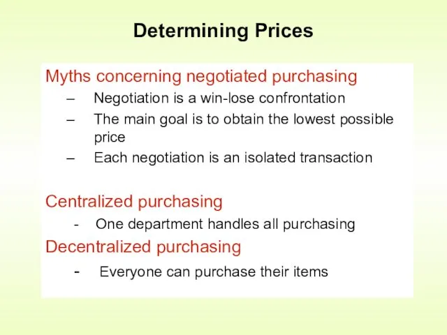 Myths concerning negotiated purchasing Negotiation is a win-lose confrontation The main goal is