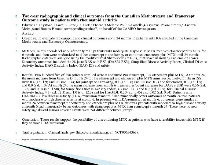 Two-year radiographic and clinical outcomes from the Canadian Methotrexate and