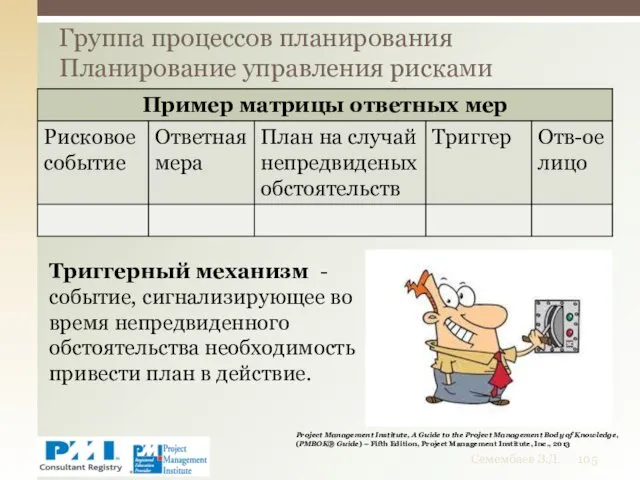 Группа процессов планирования Планирование управления рисками Семембаев З.Д. Триггерный механизм