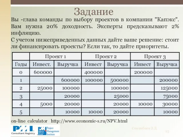 Задание Семембаев З.Д. Вы -глава команды по выбору проектов в