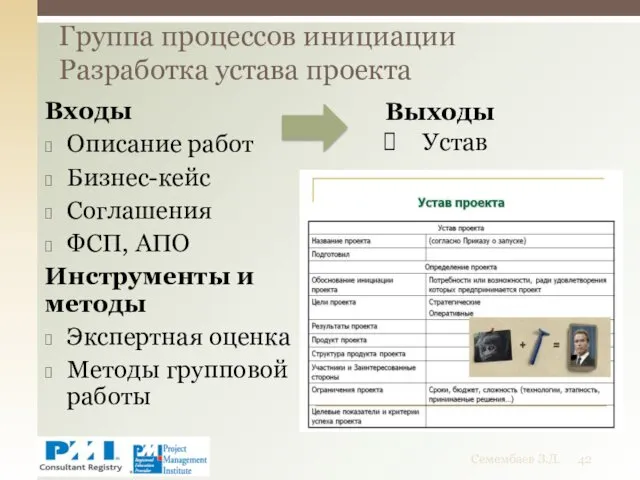 Входы Описание работ Бизнес-кейс Соглашения ФСП, АПО Инструменты и методы