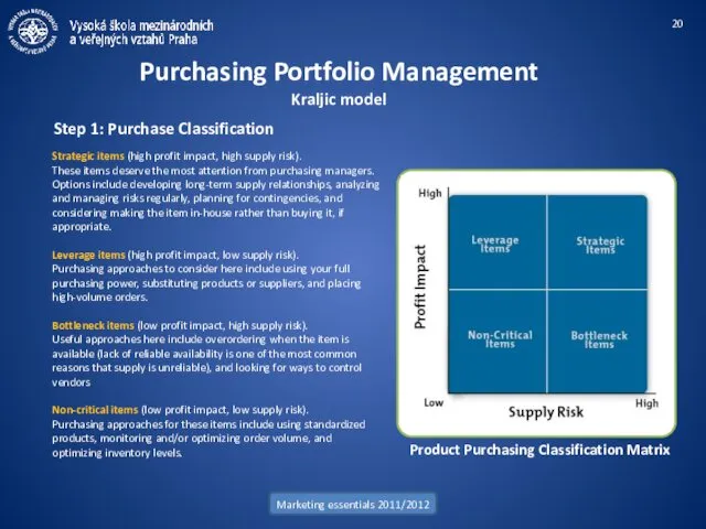 Marketing essentials 2011/2012 Purchasing Portfolio Management Kraljic model Step 1: