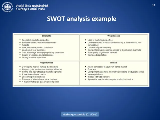 Marketing essentials 2011/2012 SWOT analysis example
