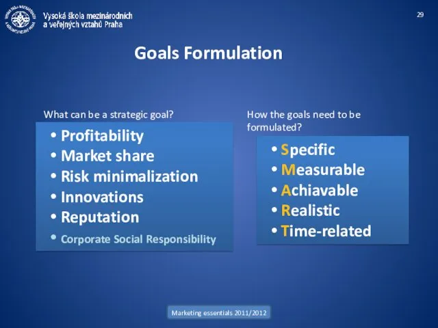 Marketing essentials 2011/2012 Goals Formulation Specific Measurable Achiavable Realistic Time-related