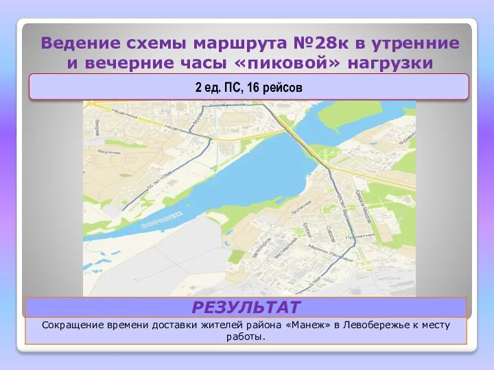 Ведение схемы маршрута №28к в утренние и вечерние часы «пиковой» нагрузки 2 ед. ПС, 16 рейсов