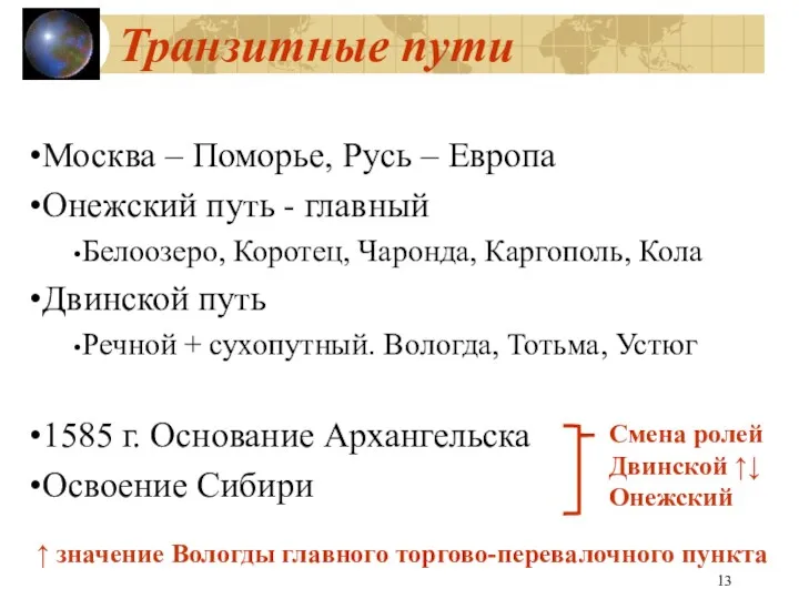 Транзитные пути Москва – Поморье, Русь – Европа Онежский путь - главный Белоозеро,