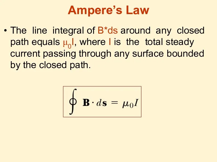 Ampere’s Law The line integral of B*ds around any closed