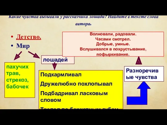 Какие чувства вызывали у рассказчика лошади? Найдите в тексте слова