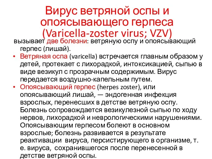 Вирус ветряной оспы и опоясывающего герпеса (Varicella-zoster virus; VZV) вызывает