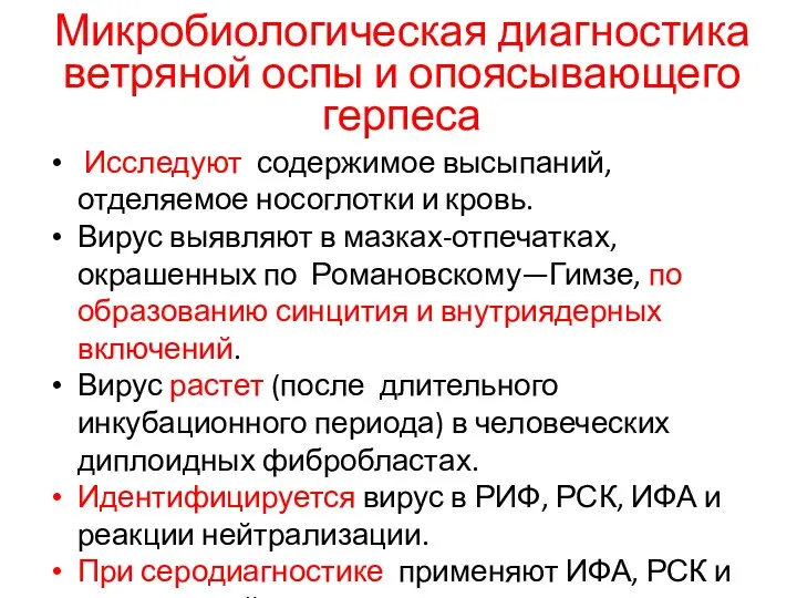 Микробиологическая диагностика ветряной оспы и опоясывающего герпеса Исследуют содержимое высыпаний,