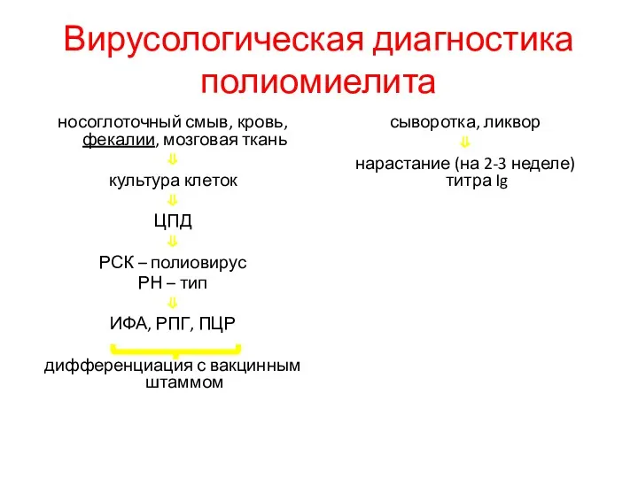 Вирусологическая диагностика полиомиелита носоглоточный смыв, кровь, фекалии, мозговая ткань ⇓