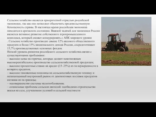 Сельское хозяйство является приоритетной отраслью российской экономики, так как оно позволяет обеспечить продовольственную