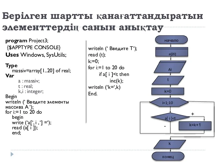 Берілген шартты қанағаттандыратын элементтердің санын анықтау program Project3; {$APPTYPE CONSOLE}