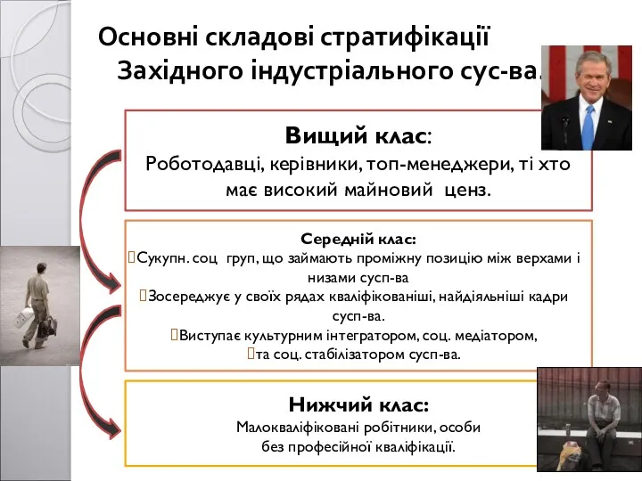 Основні складові стратифікації Західного індустріального сус-ва. Вищий клас: Роботодавці, керівники, топ-менеджери, ті хто