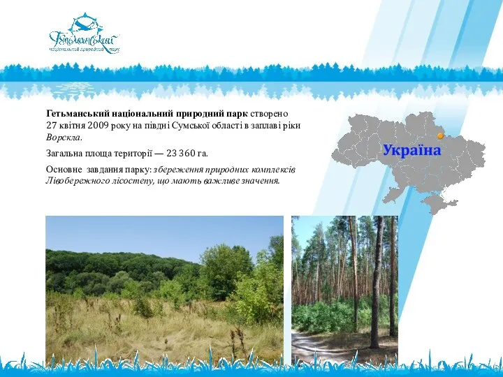 Гетьманський національний природний парк створено 27 квітня 2009 року на півдні Сумської області