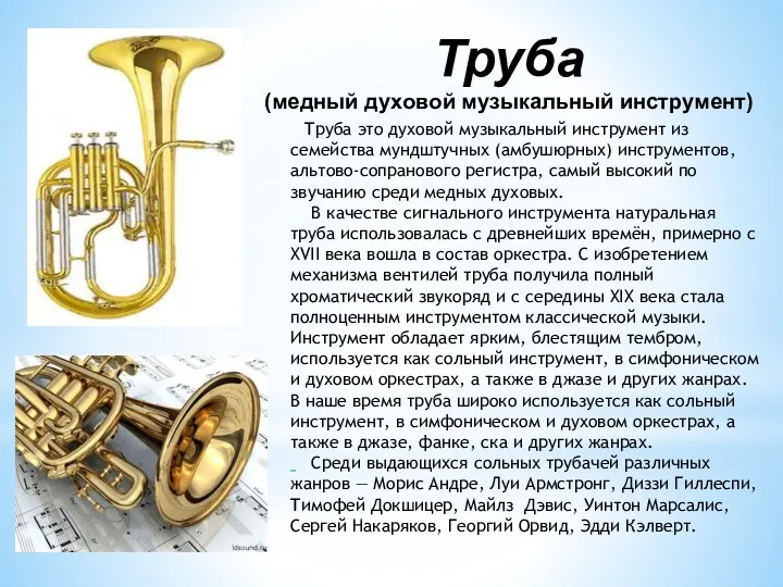 Труба это духовой музыкальный инструмент из семейства мундштучных (амбушюрных) инструментов,