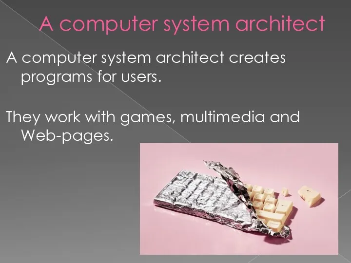 A computer system architect A computer system architect creates programs