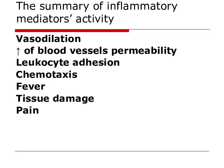 The summary of inflammatory mediators’ activity Vasodilation ↑ of blood