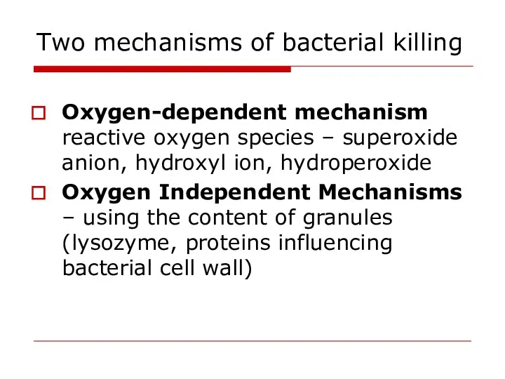 Two mechanisms of bacterial killing Oxygen-dependent mechanism reactive oxygen species