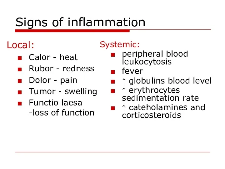 Signs of inflammation Local: Calor - heat Rubor - redness