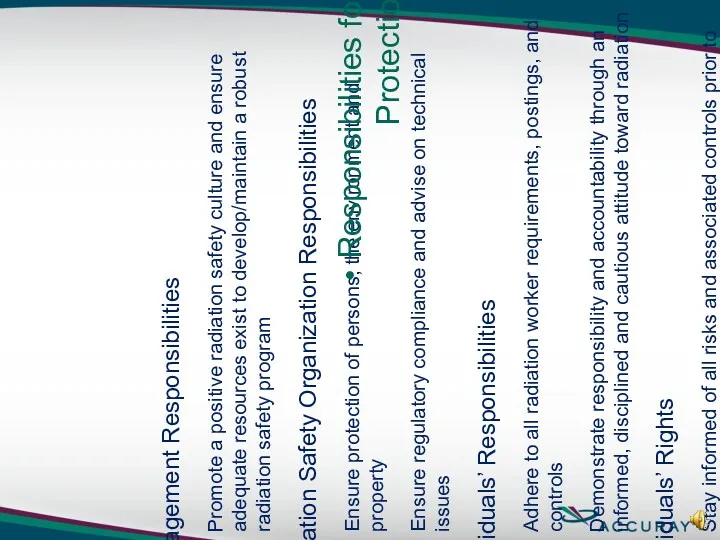 Management Responsibilities Promote a positive radiation safety culture and ensure