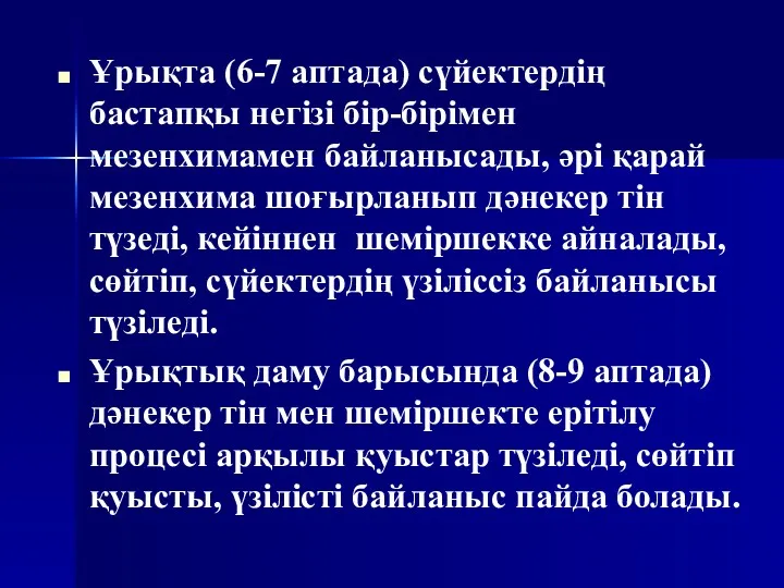 Ұрықта (6-7 аптада) сүйектердің бастапқы негізі бір-бірімен мезенхимамен байланысады, әрі