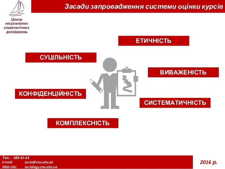 Тел.: 289-41-43 E-mail: socio@znu.edu.ua Web-site: sociology.znu.edu.ua 2016 р. Засади запровадження системи оцінки курсів
