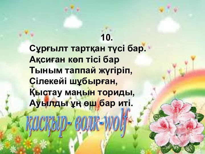 10. Сұрғылт тартқан түсi бар. Ақсиған көп тiсi бар Тыным