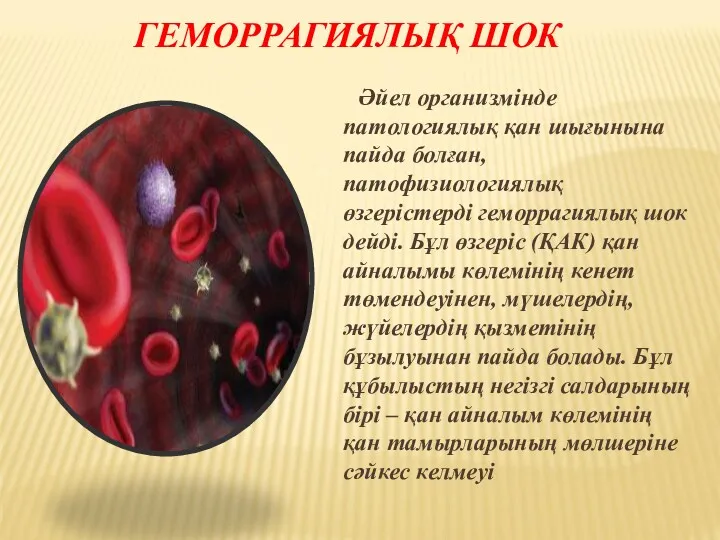 ГЕМОРРАГИЯЛЫҚ ШОК Әйел организмінде патологиялық қан шығынына пайда болған, патофизиологиялық