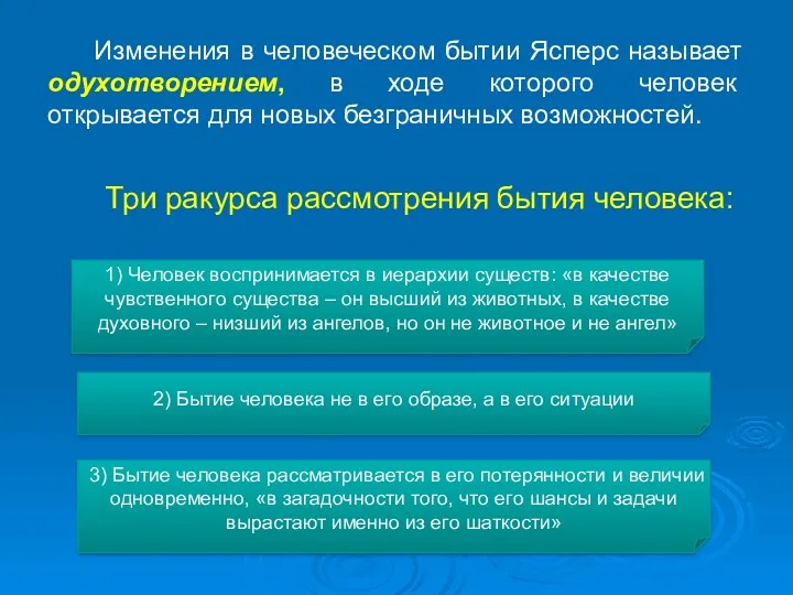 Изменения в человеческом бытии Ясперс называет одухотворением, в ходе которого