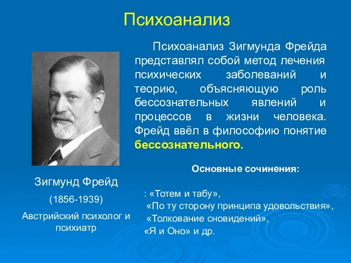 Психоанализ Зигмунд Фрейд (1856-1939) Австрийский психолог и психиатр Психоанализ Зигмунда