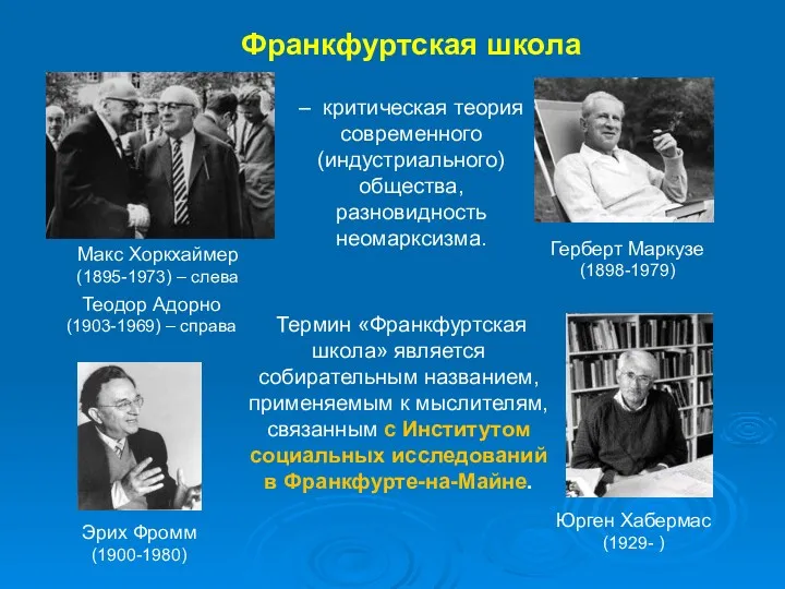 Франкфуртская школа Эрих Фромм (1900-1980) Юрген Хабермас (1929- ) Герберт